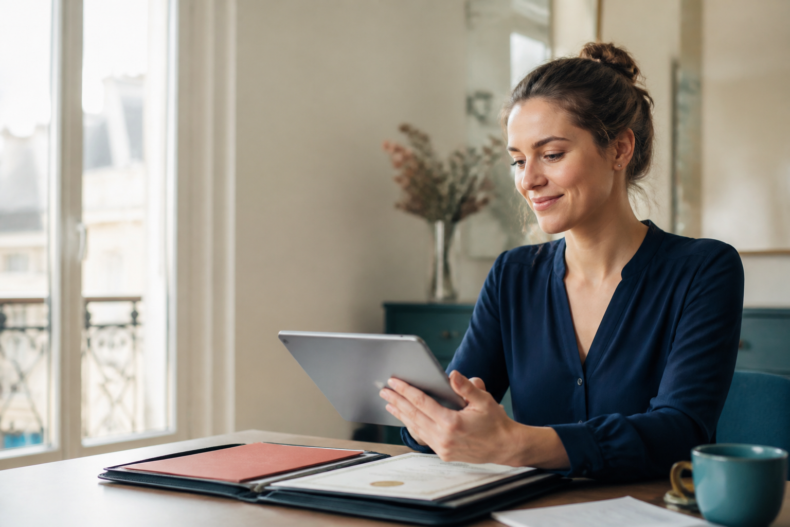Professionnelle consultant son parcours sur une tablette
