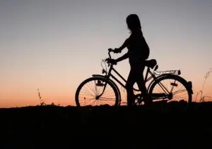 girl, bicycle, bike, nature, sunset, silhouette, woman, cycling, female silhouette, dusk, twilight, bicycle wheels, vehicle, transportation